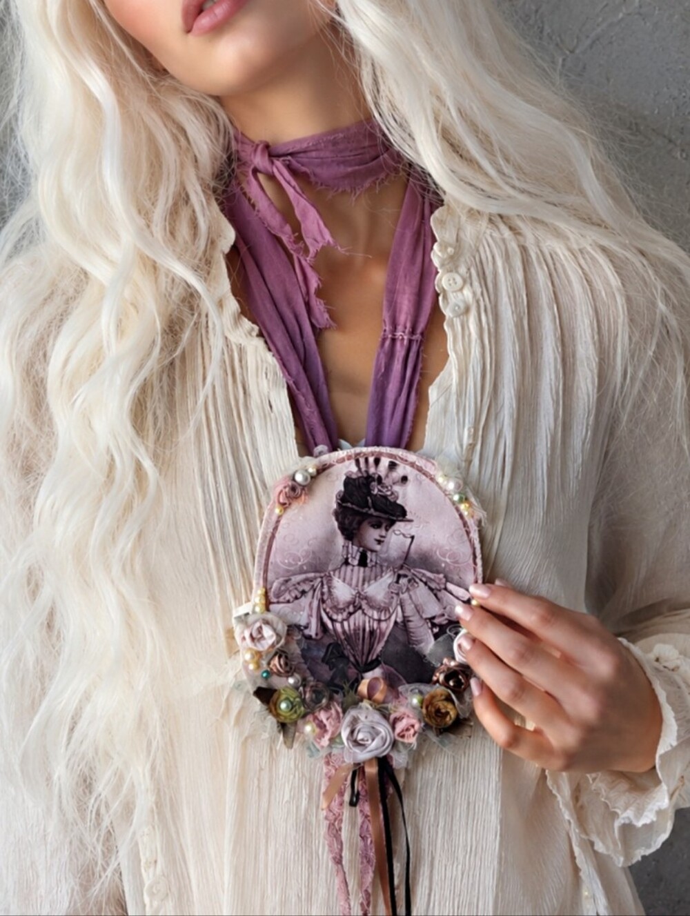 Lady Jabot Bowtie Rose Pearl Medallion Necklace Belt Cottagecore Avantgarde Lace
